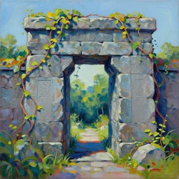 colorful alayna danner impasto!! acrylic painting of the slate stone gateway of a forgotten civilization. vines and creepers, stone etchings