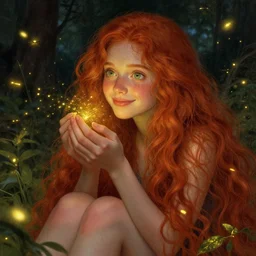 a young woman, amazed by the lights of golden fireflies, sitting in the midst of nature fully covered, long loose red hair, intricate linework, open green eyes, small nose with freckles, oval shape face, soft happy smile, realistic, expressive emotions, mystical scene, hyper realistic ultrafine detailed illustration by james jean and albert bierstadt and artgerm