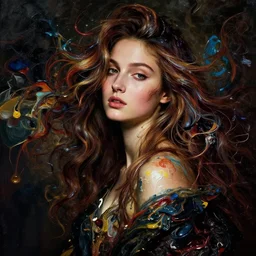 a portrait of a very beautiful kpop goddess, seductive look, with hair radiating swirling paint and impasto by botticelli and caravaggio, background is volumetric displacement, hyperreal, dark, dramatic lighting