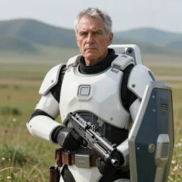 close up photograph of an old man who is a veteran of many futuristic wars with short gray hair and blue eyes. he is wearing a white futuristic suit of heavy combat armor and holding a blaster in one hand and a plaster plazma - proof shield in the other. the backdrop is of a rolling grassy plain with mountains in the distance.