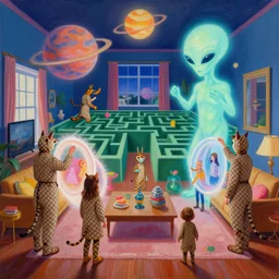painting of a gucci animal costumed family being shown how to open magic portals by a large glowing alien in their suburban living room maze, designed by gucci and wes anderson, energetic glowing planets in the air, cinematic look, in the style of edward hopper, james jean, petra collins and mc. escher