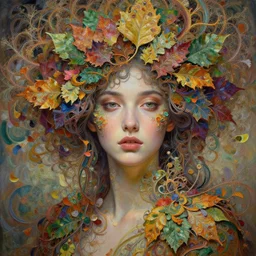 a beautiful woman portrait in fractal dream, intricate detailed color oilpaint, 3 d render, hyper realistic detailed portrait, big flocking color leaves, thin color fractal tendrils, ornate leaves, elegant, intense colors, ruan jia, wlop. scifi, fantasy, hyper detailed, wide shot, octane render, concept art, by peter mohrbacher, by alphonse mucha, by