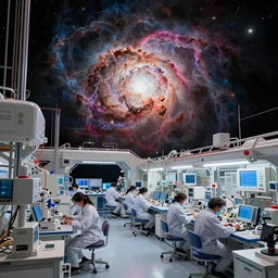 A gorgeous, busy, crowded, deep space laboratory with an exploding nebula in the background, vintage digital art