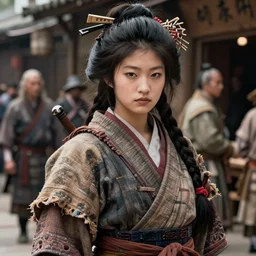 detailed ultrarealistic photography of rustic robust street warrior art japanese girl, wayne barlowe, greg rutkowski, greg hildebrandt cinematic, full shot