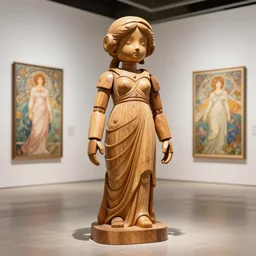 3 d octane render ultra photorealistic hyper detailed, a very very cute wooden mystical statue robot of the roman godess natural in a contemporary art gallery in neo tokyo artwork by alphonse mucha