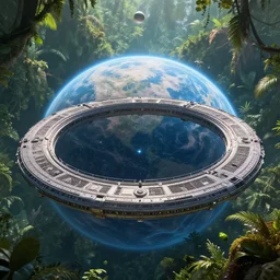 intergalactic stargate portal on a planet with a jungle in the background