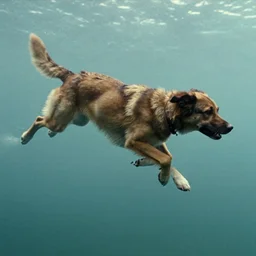 dog flying through the air, water caustics, film still from the movie directed by denis villeneuve and david cronenberg with art direction by h. r. giger and bernie wrightson