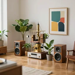 tilt shift focus, miniature 1 9 7 0 s interior design by gaudi, rube goldberg machine, house plants, hi - fi stereo with speakers, modern furniture, bold modern art, mid century, minimal