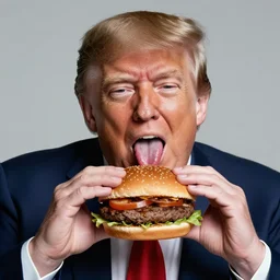 photo still of donald trump! licking! a burger with his! tongue! out, mmmmm, moist, studio portrait photo, studio lighting, rim light, key light, food photography, 3 5 mm f 1. 8