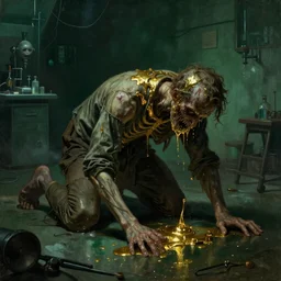 dark greenish sci-fi lab at night, gustave coubert painting style, hideous and sick human dressed in rags crawling in two legs, dripping golden metalic fluid from ribcage. Puddle of golden liquid con the floor. Smokey atmosphere