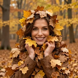 woman covered in autumn leaves in a forest. only the head of the woman is visible. she is smiling. golden hour, 4K photo