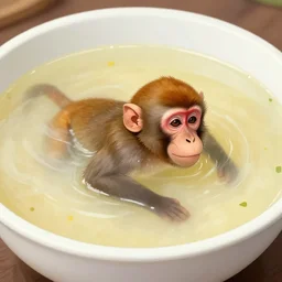 a monkey swiming in a bowl of soup