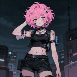 wielding pose, portrait of a grungy cyberpunk anime, very cute, by super ss, cyberpunk fashion, curly pink hair, night sky by wlop, james jean, victo ngai, muted colors, highly detailed