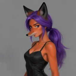 a woman with black fox ears, and a fox snout, she has purple hair tied up in to a ponytail, she has orange tanned skin, and is wearing a black dress. shaded artwork, furry art, fur - affinity, deviant art, realistic style painting