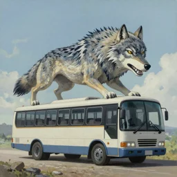 Mythical creature - hybrid of bus and wolf, having head of wolf and long body of bus with wheels and windows, transforming from one to another, oil on canvas, fantasy, digital painting, concept art, smooth, sharp focus, illustration, artstation trending, octane render, unreal engine, Ghibli, anime style