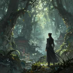 by greg rutkowski, beautiful painting of an xianxia looking into distance with chinese dargon in the forest background, cinematic lighting, film concept art, beautiful sophisticated intricate background, wide angle. fantasy, godray on plants, tranding on artstation, soft lighting, fantasy style art, dramatic lighting, 4 k, concept art