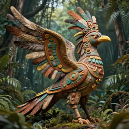a sculpture of mythical creatures, made of feathers, half man half bird, intricate, elegant, aztec symbol of fertility and abundance, shaman messenger of a new generation of earth - guardians to come, artstation, visionaryart, shamanicart, ayahyascaart, rainforest, concept art, award winning acrylic design, ambient occlusion, vray render,