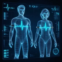 low polygon, sensors, dashboard, heart beat, high detail, precise lines, angular, vector, biometric sensors, technical diagram, human wireframe, male and female, wearables, glowing, future