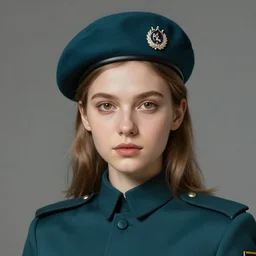 young woman with shoulder length light brown hair and hazel eyes dressed in a sharp dark teal military uniform and beret, ilya kuvshinov, artgerm, artstation trending, pixiv trending, concept art, digital painting