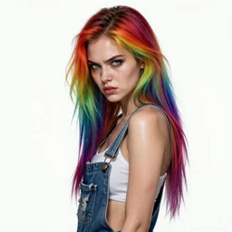 full body portrait of an attractive woman with rainbow hair, drunk, angry, soft eyes and narrow chin, dainty figure, long hair straight down, torn overalls, basic white background, side boob, wet shirt, wet, raining, highly detailed face, realistic face, beautiful detailed eyes, fantasy art, in the style of greg rutkowski, illustration, epic, fantasy, intricate, hyper detailed, artstation, concept art, smooth, sharp focus, ray tracing, vibrant,