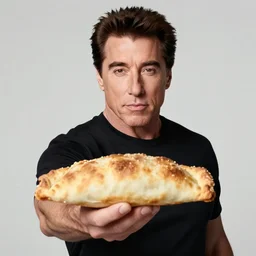 high quality photo of john travolta holding out a calzone towards the camera