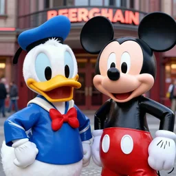close shot of donald duck and mickey mouse wearing latex outfits in front of berghain, berlin style, photography by sven marquardt, highly detailed, photorealistic, 4 k