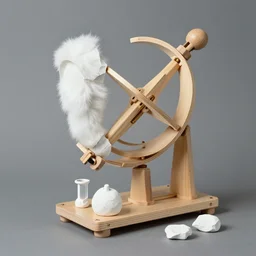 realistic photo of a a wooden astronomy archeology chemistry scientific appliance model equipment gadget object made of wooden constructor, a fragment is made of white clay, fragments made of white fur, background is grey monochrome 1 9 9 0, life magazine reportage photo, natural colors, metropolitan museum collection