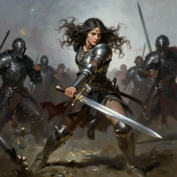 A full portrait of a very beautiful berserker woman, running into battle holding a sword, by Frank Frazetta, Greg Rutkowski, Boris Vallejo, epic fantasy character art, armor, Exquisite detail, post-processing, low angle, masterpiece, cinematic