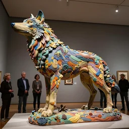 a stunning colorfull intriguing large - scale clay sculpture of a mythic wolf animal, sleek polished look, by beth cavener in a museum. ellen jewett, beth cavener, sayaka ganz, edouard martinet, john o'reilly and judith klausner