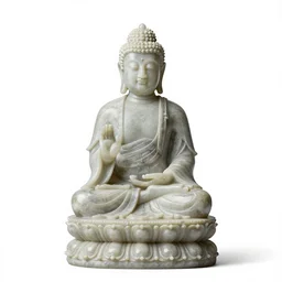 crystal stone buddha statue, 8k product photo, isolated on a pure white background, centered, entire object in frame, sharp focus, soft studio lighting