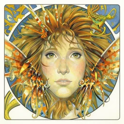 realistic detailed face portrait of an elaborately dressed beautiful lionfish dragon by alphonse mucha, ayami kojima, amano, charlie bowater, karol bak, greg hildebrandt, jean delville, and mark brooks, art nouveau, pre - raphaelite, gothic, neogothic, coral reef by ernst haeckel, fantasy character concept design, moody colors