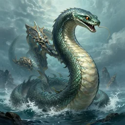 A monstrous giant sea serpent in the middle of the sea, fantasy art, in the style of greg rutkowski, illustration, epic, fantasy, intricate, hyper detailed, artstation, concept art, smooth, sharp focus, ray tracing