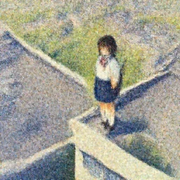 gouache of a cute girl wearing school uniform standing on the edge of the roof of a tall building, armed, bird's eye view, 8 k wallpaper, high detailed, illustration, morandi color scheme, art station, by krenz cushart