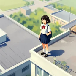 gouache of a cute girl wearing school uniform standing on the edge of the roof of a tall building, armed, bird's eye view, 8 k wallpaper, high detailed, illustration, morandi color scheme, art station, by krenz cushart