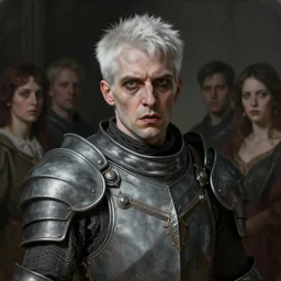 portrait painting of a sarcastic man with short white hair wearing a grey pelt armor, ultra realistic, concept art, intricate details, eerie, highly detailed, photorealistic, octane render, 8 k, unreal engine. art by artgerm and greg rutkowski and charlie bowater and magali villeneuve and alphonse mucha