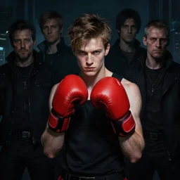 sam hyde emerging from the dark shadows wearing red boxing gloves in cyberpunk theme by greg rutkowski, claude monet, conrad roset, takato yomamoto, frederick edwin church, rule of thirds, sigma look, beautiful,