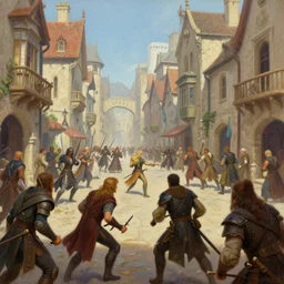 a busy fantasy street battle within a fascinating old city, by Sylvain Sarrailh, by Sebastian Luca, by Nicodemus Yang-Mattisson,   cinematic, simple but effective composition, clean lines, beautiful digital painting, oil painting, great character design, dungeons and dragons, lord of the rings, exciting, close up character
