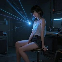 a beautiful girl sitting on a stool in a dark room with laser light,  cyberpunk, dynamic lighting, high detail, concept art, artstation, zbrush by sorayama