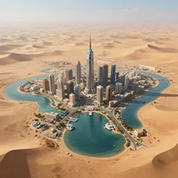a city built on water surrounded by a vast desert, digital painting, trending on art station, highly detailed, intricate, diffuse lighting, art by craig mullins, greg rutkowski, octane render, 8 k, unreal engine