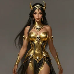 a highly detailed illustration of tanned goddess ereshkigal wearing gold and black dress with skull jewelry, intricate, elegant, highly detailed, centered, digital painting, artstation, concept art, smooth, sharp focus, league of legends concept art, wlop