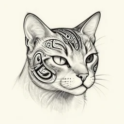 tattoo sketch, cat, right eye closed, draft, organic ornament, maori, vector