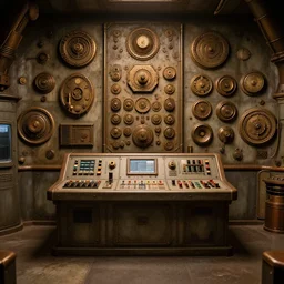 control room with panel in the middle, round things pattern on the wall, in steampunk style