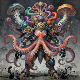 asura from chinese mecha, wearing a colourful octopus and flows as a hat, a incredible symmetrical concept design, gorgeous and huge head ornaments, organic fractal mycelum and fungi, a dreamland of chinese, 4 k post processing, fascinating, frantic, mould disintegrating into black dripping ink and slime, mind - bending, painted by james gilleard, airbrush, art by jamesjean
