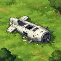 wreckage of a spaceship that has crashed on an grass field, from a space themed point and click 2 d graphic adventure game, art inspired by thomas kinkade and william lionel wyllie
