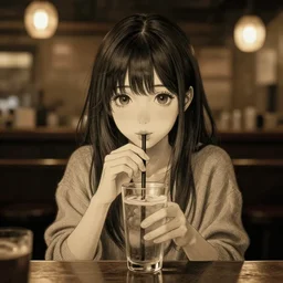 anime girl sitting and drinking in a cozy bar,, volumetric lighting, symmetrical face, detailed face, hyper real, pencil art, moody lighting, cute, comfy