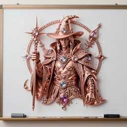 a cyberpunk sorcerer, dry - erase marker, whiteboard, bejeweled, glitter, sparkly, 3 - dimensional, 3 d, rose - gold, in a symbolic and meaningful style, insanely detailed and intricate, hypermaximalist, elegant, ornate, hyper realistic, super detailed