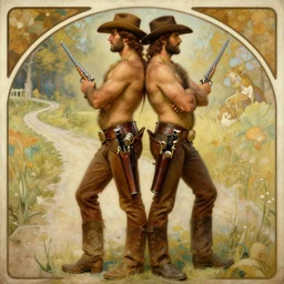 a homoerotic painting by gaston bussiere, greg rutkowski, alphonse mucha, j. c. leyendecker of two attractive hairy cowboy gunslingers in love standing back to back | bandoliers, shirtless, leather clothing | natural lighting, path traced, highly detailed, high quality, digital painting, trending on artstation