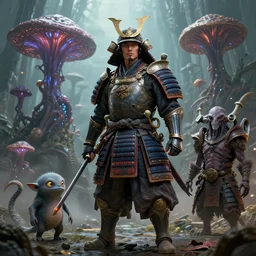 by artgerm and agostino arrivabene, visually stunning, cinematic, ultra realistic, hyper realism, epic, octane render, unreal engine, vfx, maya, alien space knight, noble japanese samurai, thinking about future, fungal enchanter, murloc tinyfin, dread infernal, wee whelp, battle ram