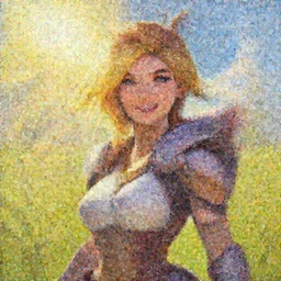 beautiful oil painting of tracer from the game overwatch in the style of mark arian, standing alone in grassy field, smiling while the sun shines down, feminine face, light rays, radiant quality, 4 k, brush strokes, anatomically accurate face, beautiful eyes, peaceful atmosphere, artstation, detailed face, smiling,