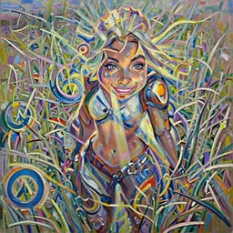 beautiful oil painting of tracer from the game overwatch in the style of mark arian, standing alone in grassy field, smiling while the sun shines down, feminine face, light rays, radiant quality, 4 k, brush strokes, anatomically accurate face, beautiful eyes, peaceful atmosphere, artstation, detailed face, smiling,